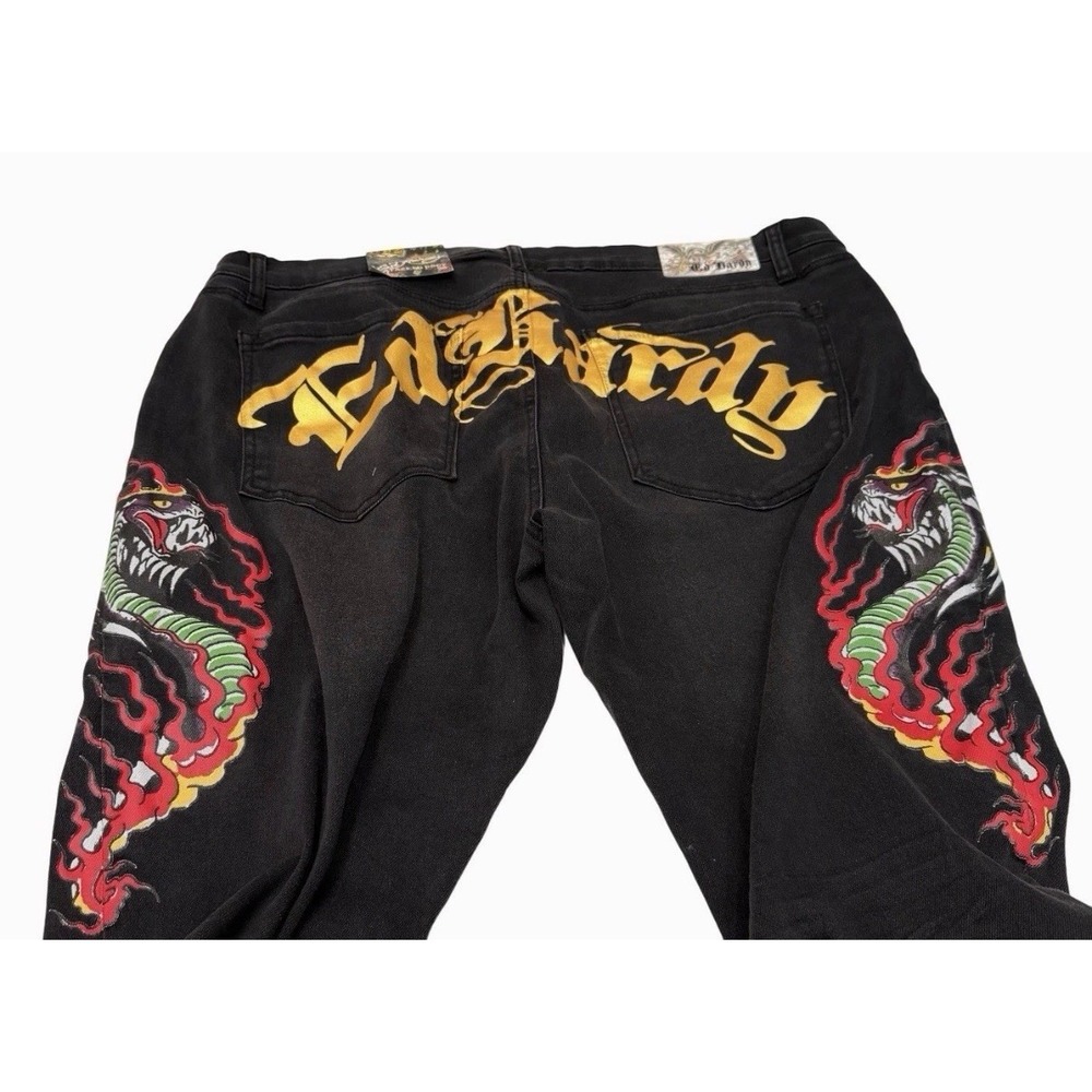 Ed Hardy Jeans Stacked Boot Mens 34x36 Embroidered Dragon Flames Y2k Black NWT